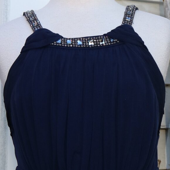 Sangria Navy Blue Knit Grecian Gathered Knit Rhinestone Trim Formal Maxi Dress - Picture 2 of 11